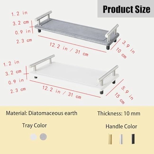 Instant Dry Sink Caddy Organizer,Diatomaceous Earth Bathroom Organizer with Handle Water Absorbing Stone Tray for Sink Water Absorbent Diatomite Coasters (S White Gold Handle)