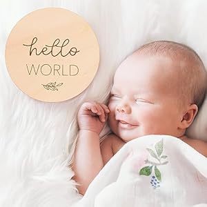 Beautiful Baby Monthly Milestone Cards - The Perfect Wooden Discs for Adorable Milestone Pictures of Your Newborn Boy/Girl - 7 Reversible Circles incl. Announcement & Hello World Sign Are A Great Gift Beautiful Baby Monthly Milestone Cards The Perfect Wooden Discs for Adorable Milestone Pictures of Your Newborn BoyGirl 7 Reversible Circles incl Announcement Hello World Sign Are A Great Gift