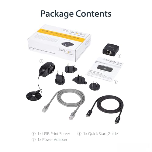 Image of StarTech 1-Port USB 2.0 Network Print Server, 10 /100 Mbps Auto-sensing, Wired Ethernet LAN USB Printer Server Adapter, TAA Compliant