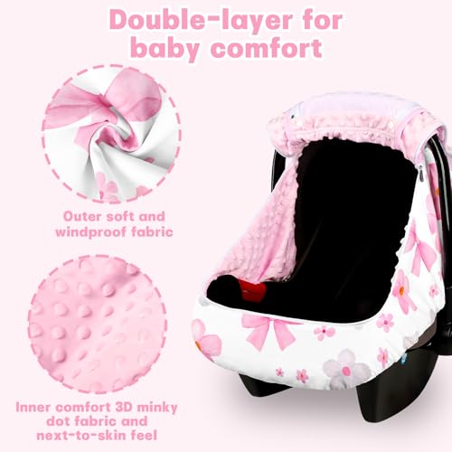 Image of Hooyax Baby Car Seat Cover with Dual Zipper, Extra Large Mesh Window Carseat Canopy, All-Season Weather Protection for Infant Car Seats & Strollers (Pink Bow)