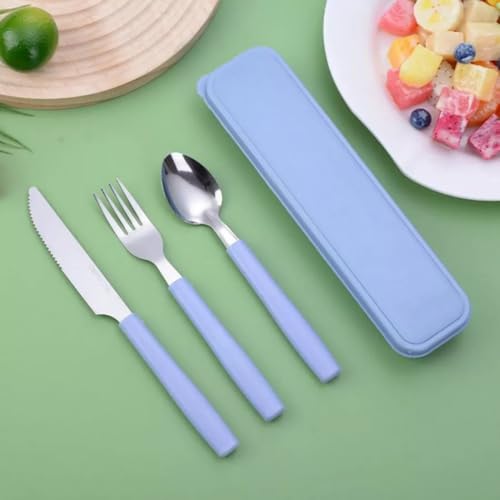 Jogo de Talheres Portáteis com Estojo – Kit Talheres Garfo Faca e Colher para Marmita, Trabalho, Escola, Acampamento - Talheres Coloridos com Caixinha - UpShop (Azul)