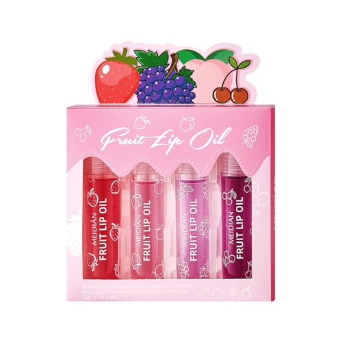 ADMD 4-Pack Lip Gloss Set Fruit Flavored Rollerball Lip Oil Set - Hydrating, Nourishing & Plumping - Strawberry, Peach, Grape, Cherry