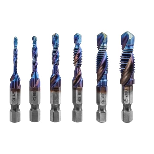Bestgle 6 Pcs Trapani in Metallo Elicoidali, Set di Punte da Trapano, Unte Trapano Esagonali con Rivestimento in Titanio HSS, Countersink Tap per Forare Che per Filettare