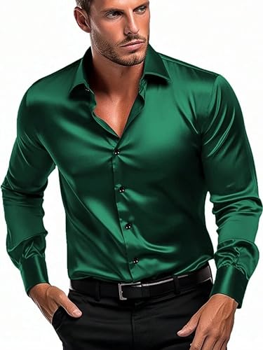 Image of IndoPrimo Men's Satin Shirt with Spread Collar Neck Line Solid Pattern Full Sleeves Regular Fit Western Style and Standard Length