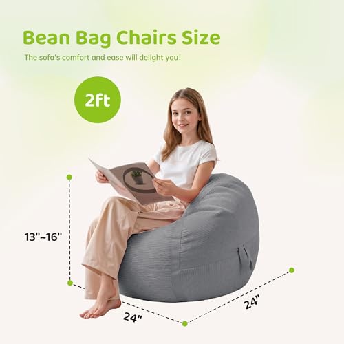 Image of 2FT Bean Bag Chair 2'Bean Bag Chairs with Memory Foam Filled Small Bean Bag | Bean bags with Machine Washable Cover Fine Corduroy Fabric, Comfy Chairs for Living Room, Bedroom, Dorm, Lightgrey
