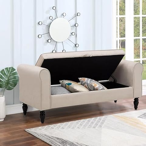 ANNJOE Storage Ottoman Bench with Arms Vanity Benches Upholstered Bed Bench for Bedroom, Entryway and End of Bed (Beige) Cover