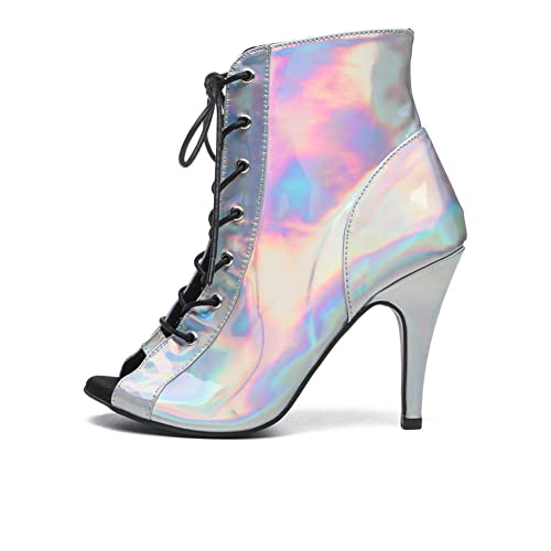 HROYL Women Open Toe Ankle Dance Boots Lace up Latin Salsa Ballrooom Performence Practice Dancing Shoes,Model L500