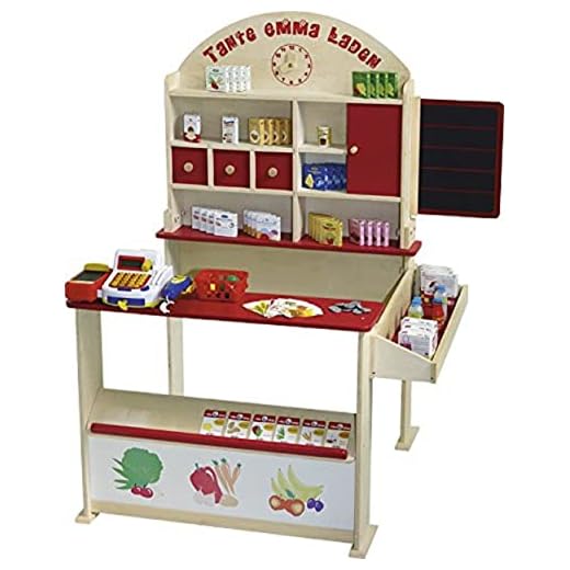 roba Tienda de Juguete para Niños + 100 Piezas de Accesorios - Verdadera Caja Registradora y Altavoz - Reloj y Pizarra - Rojo/Natural