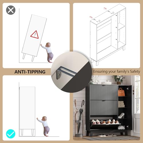 Image of Shoe Cabinet Storage for Entryway with 3 Drawers & Side Cabinet, Black