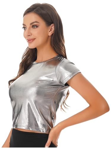 Hedmy Women's Shiny Metallic Tops Holographic Crop Top Short Sleeve T Shirt Vest Disco Party Blouse3