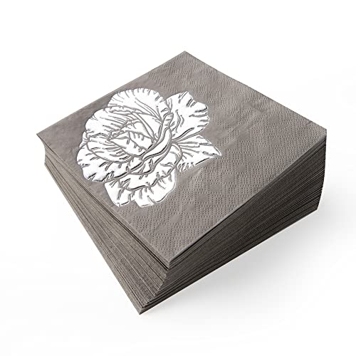 Bebesta 50 Pack Of Paper Cocktail Napkins With Foil Floral,Add Sparkle To Your Event With Party Napkins - Disposable Wedding Napkins Or Dessert Napkins(5 X 5 In，3-Ply) (Silver) #TOP1