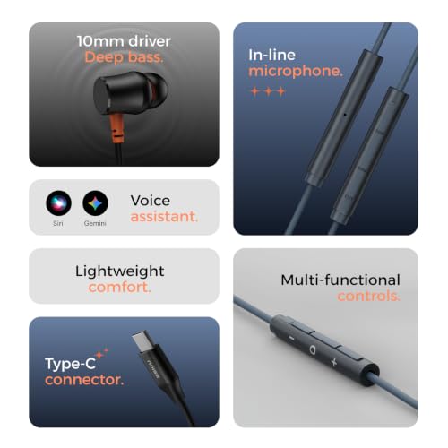 Image of Noise Chord 100 Type-C Wired Earphones | 10mm Driver | Deep Bass | in-Line Mic with Voice Assistant | Multifunctional Controls - Midnight Blue