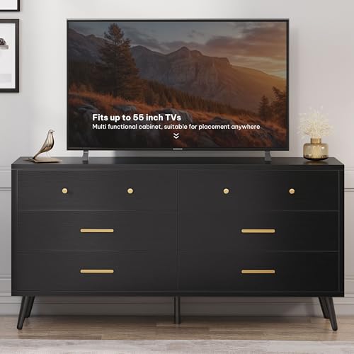 DWVO Black 6 Drawers Dresser/Modern Wood Dresser Chest of Drawers with Black Metal Handle&Anti-Tipping Device/Modern Double Storage Cabinet for Entryway/Living Room
