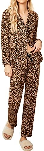 Ekouaer Pj Set for Women Leopard Pajama Set Cotton Long Sleeve Loungewear Button Down 2 Piece Sleep Set,Leopard,L