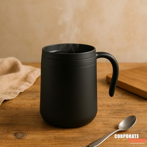 Image of CORPORATE PORIUM Stainless Steel Coffee Mug 350 ML | Double Wall Coffee Mug Steel from Inside | Hot & Cold for 4 Hours | Office Coffee Cup with Leakproof Lid (Cute Cup)