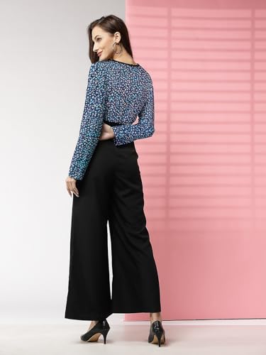 Image of LONDON BELLY Women's Polyester Semi-Formal Jumpsuit with Round Neck Half Sleeves Adjustable Waist Tie Abstract Pattern and Regular Fit | Women Stylish One Piece Outfit | Women Regular Fit Jumpsuit