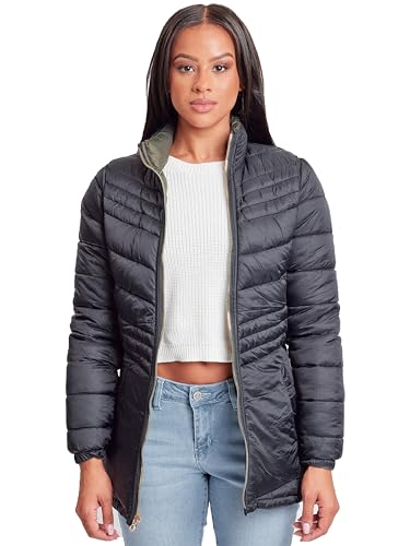YMI Jeans Women's Winter Reversible Puffer Jacket, OLIBK, M