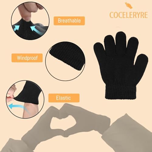 Image of 2 Pairs Winter Kids Gloves, Stretchy Warm Knit for Boys Girls Age 3-6 | Unisex for Kids & Toddler Boys Girls, Soft Stretch Black Magic Gloves, Warm for Daily Outdoor Activities
