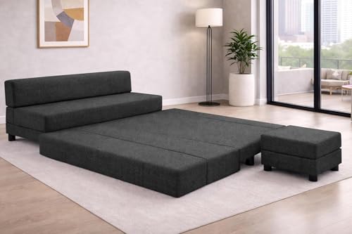 Image of Rosebell 3+2 Convertible Leg Sofa Cum Bed Set with Ottoman Jute Fabric Foldable Modular Seating & Sleeper, Space Saving Living Room Furniture Black Color