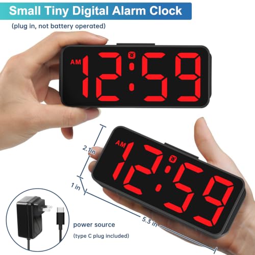 Image of Peakeep Small Digital Alarm Clock for Bedroom, Large Number, Battery Backup | Plug-in Tiny Electric Clock Brightness Dimmable for Bedsise Desk Table Small Spaces, 5 Volume, Easy to Set, Adapter Included