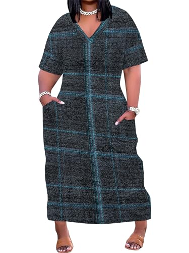 Image of SUZONANA Plus Size Denim Print Maxi Dresses for Women Casual V Neck Short Sleeve with Pockets Soft Jean Look Dress XL-6XL