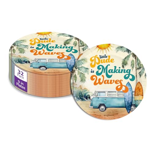 Birthday Galore Little Dude Making Waves Surfing Baby Shower - 32 Piece Disposable Party Supplies - Surfer Baby Shower Decorations - Round Party Plates - Large 9" Paper Plates In Bulk