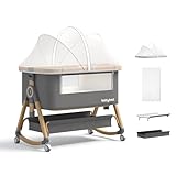 Jimberbay Baby Bassinet, 5 in 1 Bedside Sleeper with Mosquito Net Diaper Table 4D Air Fiber Mattress and Storage Basket, Waterproof Mattress Baby Crib, Grey