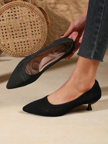 Slip On Kitten Pumps for Women Casual Pointed Toe Knit Heels Women's Closed Toe Low Kitten Heels Meeting Daily Work Dress Shoes Breathable Mesh 1.5"3