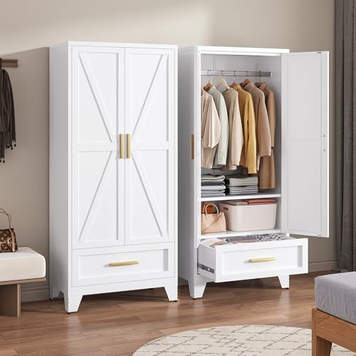 71-Tall-Metal-Wardrobe-Cabinet-with-Drawer-and-Hanging-Rod-2-Doors-Armoire-Wardrobe-Closet-with-Shelf-for-Bedroom-Office-Laundry-Room-White 71 Tall Metal Wardrobe Cabinet with Drawer and Hanging Rod 2 Doors Armoire Wardrobe Closet with Shelf for Bedroom Office Laundry Room White