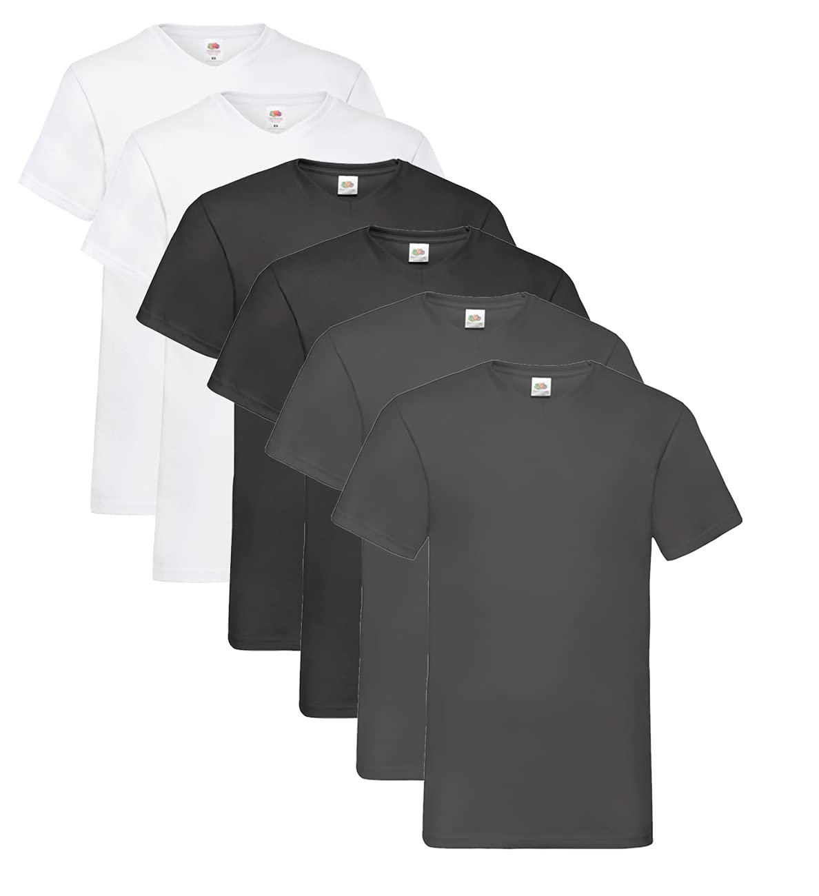 Fruit of the Loom Herren- V-Neck T-Shirt M L XL XXL 3XL 4XL 5XL Farbsets, 2Weiss 2Graphit 2Schwarz (6 Pack) + 1 HL Kauf Notizblock, M (6er Pack)