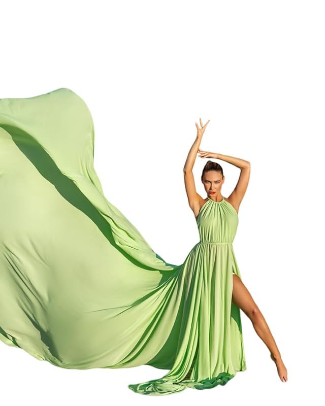 Neckholder-Fotoshooting-Kleid, langes Satinkleid, Schlitz vorne und 5 m lange Schleppe