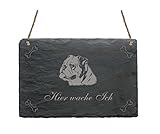 - Wetterfeste Lasergravur Schieferplatte Schild « ENGLISH BULLDOG - HIER WACHE ICH » mit MOTIV Hund Haushalt Dekoschild Englische Bulldogge
