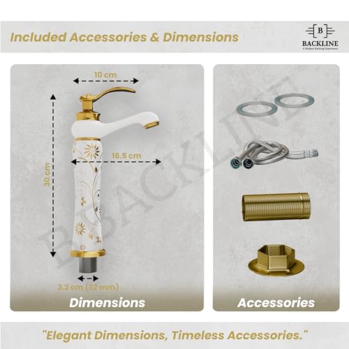 Image of Backline Basin Mixer Tap for Bathroom Wash Basin | 12 inch Long Pillar tap for Basin | Single Lever Hot & Cold Water Faucet | Basin Taps for Bathroom & Livingrooms (White Gold Long Body)