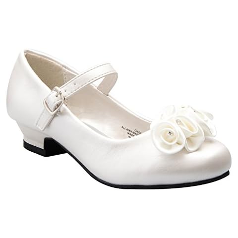DressForLess Mary Jane Shoes with Pretty Satin Rolled Rosettes Patent Leather-Ivory-(LA5216), 13 Little Kid Cover