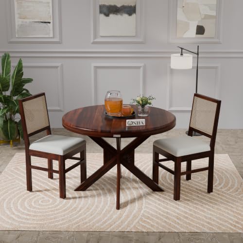 Image of ONIJA Solid Sheesham Wood 2 Seater Rattan Cane Dining Table Set with Cushioned Chairs for Dining Room | Living Room | Home & Office | Hotels Restaurant & Cafe (2 Seater, Walnut Finish)