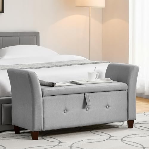 Vida Designs Otomana sewilska, skrzynia materiałowa z pokrywką, siedzisko, stołek, ławka okienna, skrzynia, pudełko do przechowywania zabawek, pufa, podnóżek, jasnoszara pościel