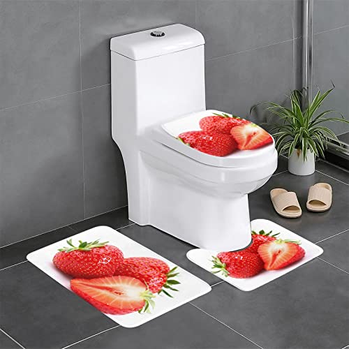 DEPILA Badezimmer 3-teiliges Badezimmerteppich-Set, frischer Erdbeerdruck, 3-teiliges Badezimmerteppich-Set, Badematte + Kontur + Toilettendeckelbezug, rutschfeste Unterlage Sets