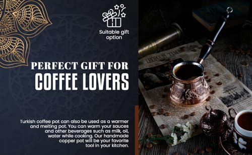 Image of DEMMEX 2019-9 Oz Thick 2mm Copper Turkish Greek Arabic Engraved Coffee Pot Stovetop Coffee Maker Cezve Ibrik Briki with Wooden Handle & Wooden Pot Spoon, for 3 People (Copper)