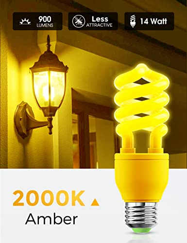 Lohas Yellow Bug Light Bulbs Outdoor, 14W Cfl Bug Lights For Outside, 2000K Amber Outdoor Fluorescent Porch Light Bulb, Non-Attracting, E26 Base, Not-Dimmable, Ideal For Patio, Deck, Backyard, 2 Pack #TOP1