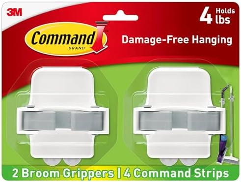 Command Mop & Broom Holder Wall Mount, White with Grey Band, 2 Grippers 4 Strips, Grey/White, 17007-HW2ES