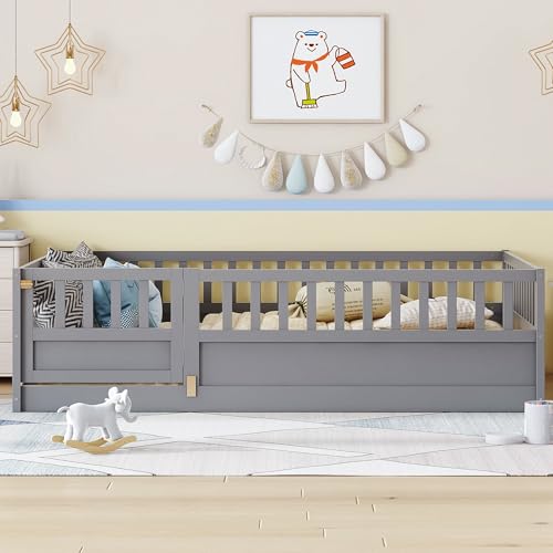 Image of Bellemave Full Kids Montessori Floor Bed Frame with Slats,Gray