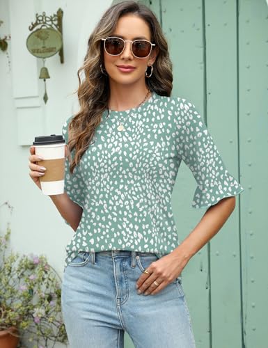 Rapbin Womens 3/4 Length Sleeve Tops Loose Fit Casual Crew Neck Shirts Ruffle Tunic Blouses2