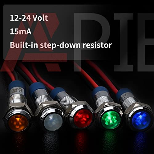 Apiele Indicator Light 6Mm 1/4" Waterproof Ip65 Metal Signal Lamp 12V-24V Ac/Dc Led Pilot Dash Lamp Red Green Blue Yellow White 5 Pcs With 150Mm Wire For Car Truck Boat (Multicolored) #TOP4
