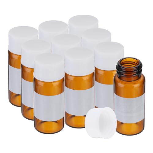 PATIKIL 10pcs 10ml Small Brown Glass Vials with White Screw Cap, Borosilicate Glass Sample Bottles with Writing Label for Solid Liquid Powder Storage