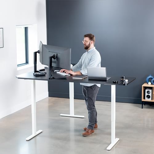 Image of VIVO Black 83 x 83 in Corner Standing Desk, DESK-KIT-E3CW83B | Electric, Triple Motor, Holds 264 lbs, Sit Stand L-Shaped Table, Height Adjustable, Memory Presets, E3C Series, White Frame