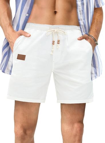 JMIERR Mens Casual 5&#34;/ 7&#34; Cotton Linen Shorts - Elastic Waist Drawstring Summer Beach Shorts with Pockets