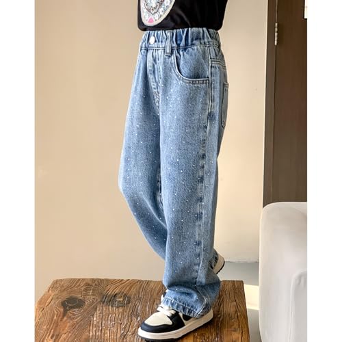 Baggy Jeans for Girls Rhinestone Preppy Wide Leg Pants Adjustable Waist Pockets Cute Jeans for Girls Kids Coquette Age 11-124