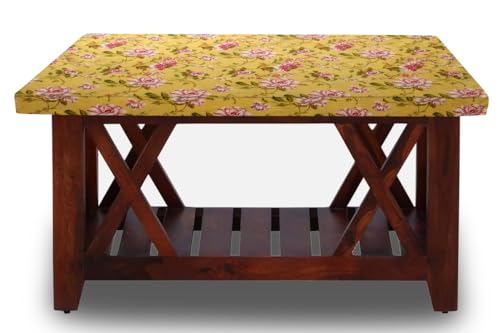 Image of The Furnishing Tree Elastic Cotton Square Center Table Cover 26x26 in Inches Floral Pink Rose on Yellow Base