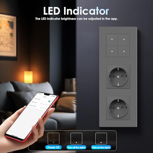 BSEED Smart Zigbee Lichtschalter mit Normal Doppelt Steckdose, Lichtschalter Unterputz mit PC Rahmen, 4 Fach 1 Weg, kompatibel mit Alexa/Google Home, Zigbee Hub & Neutralleiter Erforderlich, Grau