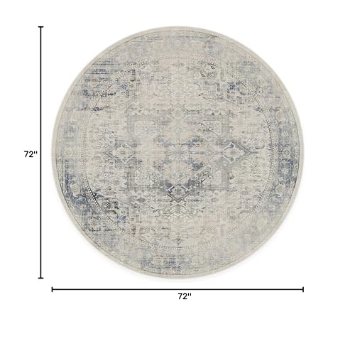 RUGGABLE Washable Vintage Area Rug – Kamran Blue Quartz 6 ft Round, Stain-Resistant, Non-Slip – Medium Machine Washable Rugs for Living Room, Bedroom, Hallway, Entryway & Office–with Standard Pad